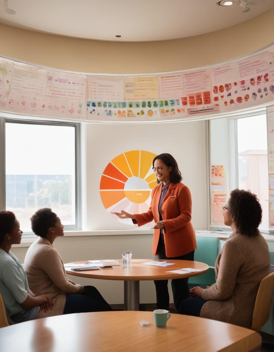 A compassionate healthcare advocate discussing dialysis treatment options with a diverse group of patients. The setting is a warm, welcoming clinic, filled with charts and educational materials on kidney health. Emphasize the emotional connection and support within the scene, showcasing inclusivity and empathy. Soft lighting enhances the caring atmosphere. super-realistic. vibrant colors. warm tones.