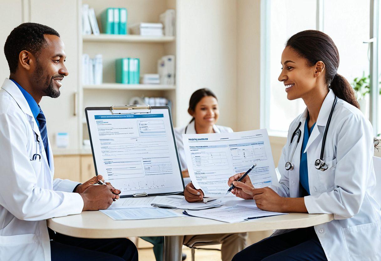 A serene healthcare scene showcasing a patient consulting with a friendly insurance advisor, surrounded by images of healthy kidneys and insurance papers. Include colorful infographics highlighting various renal care insurance options. Create a warm, inviting atmosphere with soft lighting and a calm color palette. Capture the essence of informed decision-making in healthcare. super-realistic. vibrant colors. white background.