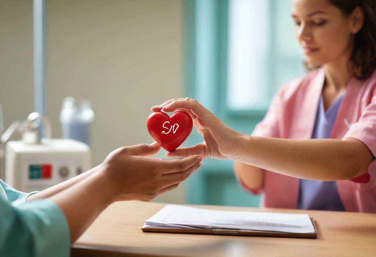 A serene hospital setting with a diverse group of patients discussing health insurance options with a compassionate healthcare worker. Show a dialysis machine in the background and illustrated charts or pamphlets highlighting patient rights. Incorporate warm colors to evoke comfort and hope, with elements of ethical care depicted through visual symbols like hands holding a heart. super-realistic. vibrant colors. soft focus.